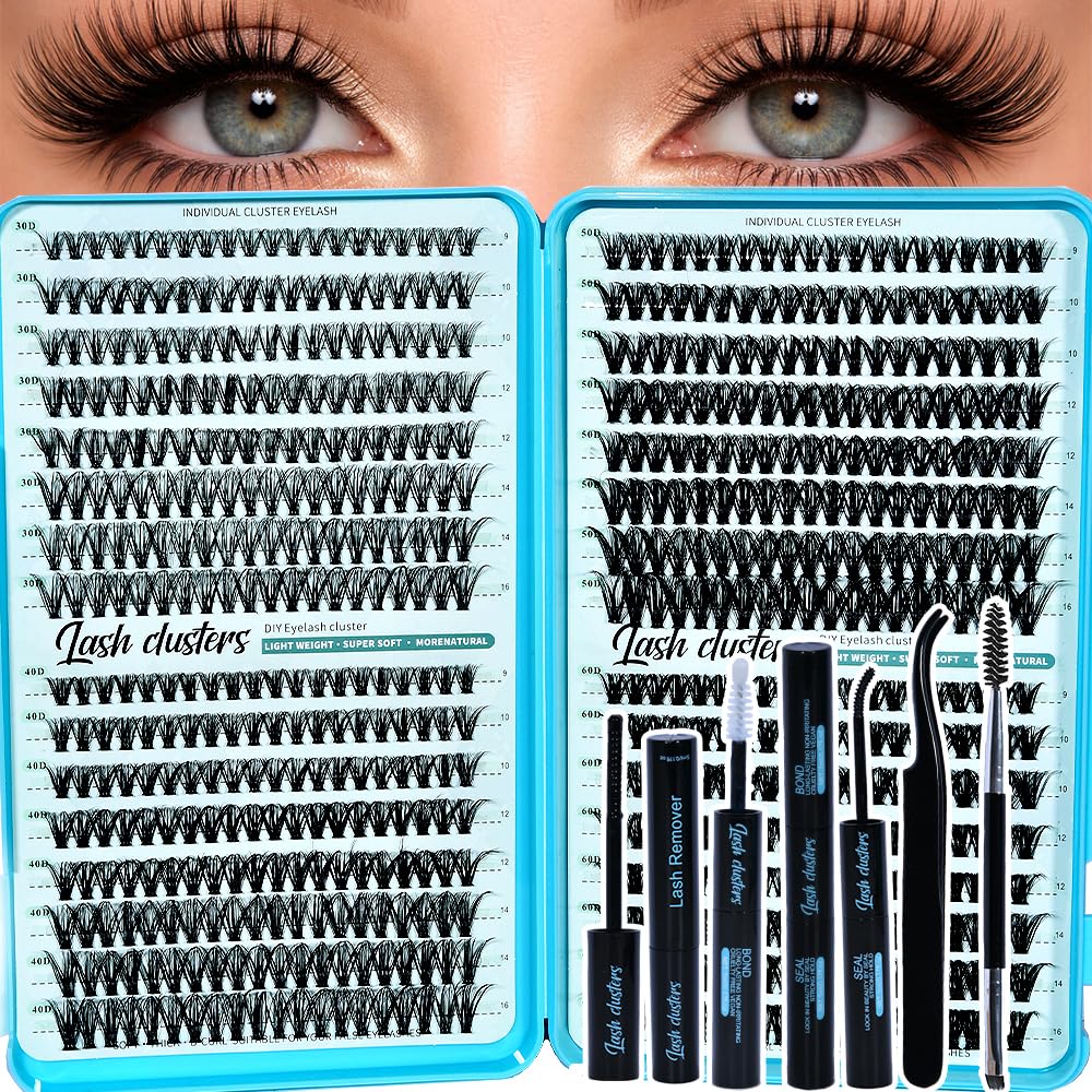 Lash Clusters Kit - 640pcs Wispy 30D/40D D Curl Individual Extensions | Natural 9-16mm with Bond, Seal & Tweezers