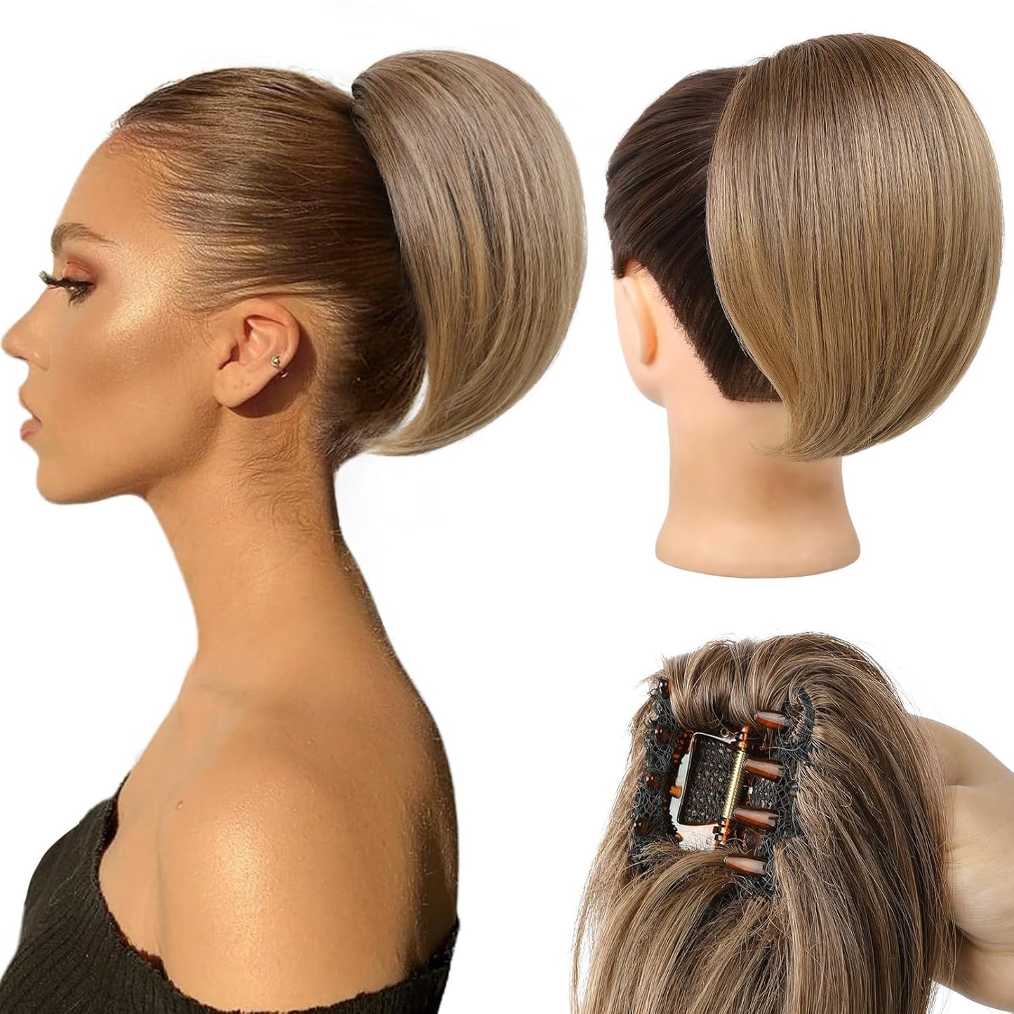 Ponytail Extension | 8" Short Mini Claw Clip Hairpiece - Soft Feather-Light Honey Blonde with Highlights
