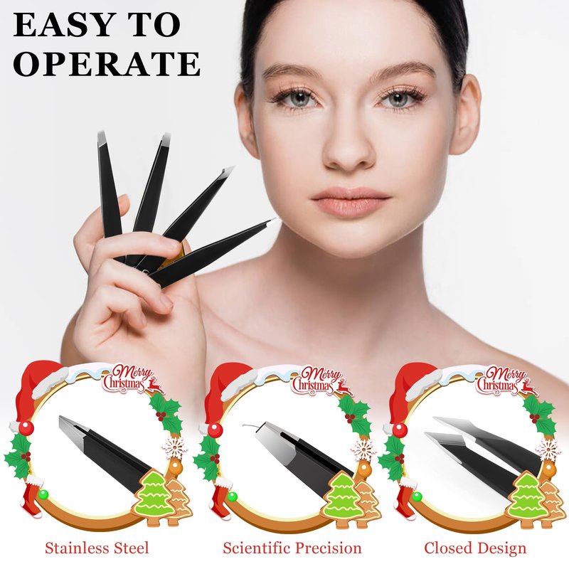 Tweezers Set - 4Pcs Stainless Steel Eyebrow Tweezers, Great Precision for Facial Hair, Splinter and Ingrown Hair Removal Gifts for Women, Christmas Stocking Stuffers Gifts for Adults Men Women