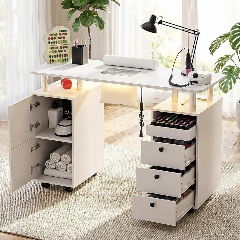 Nail Tech Table with Dust Collector & LED Light - Rolling Manicure Desk with Storage Drawers & Lockable Wheels | Acetone-Resistant Beauty Workstation (White)
