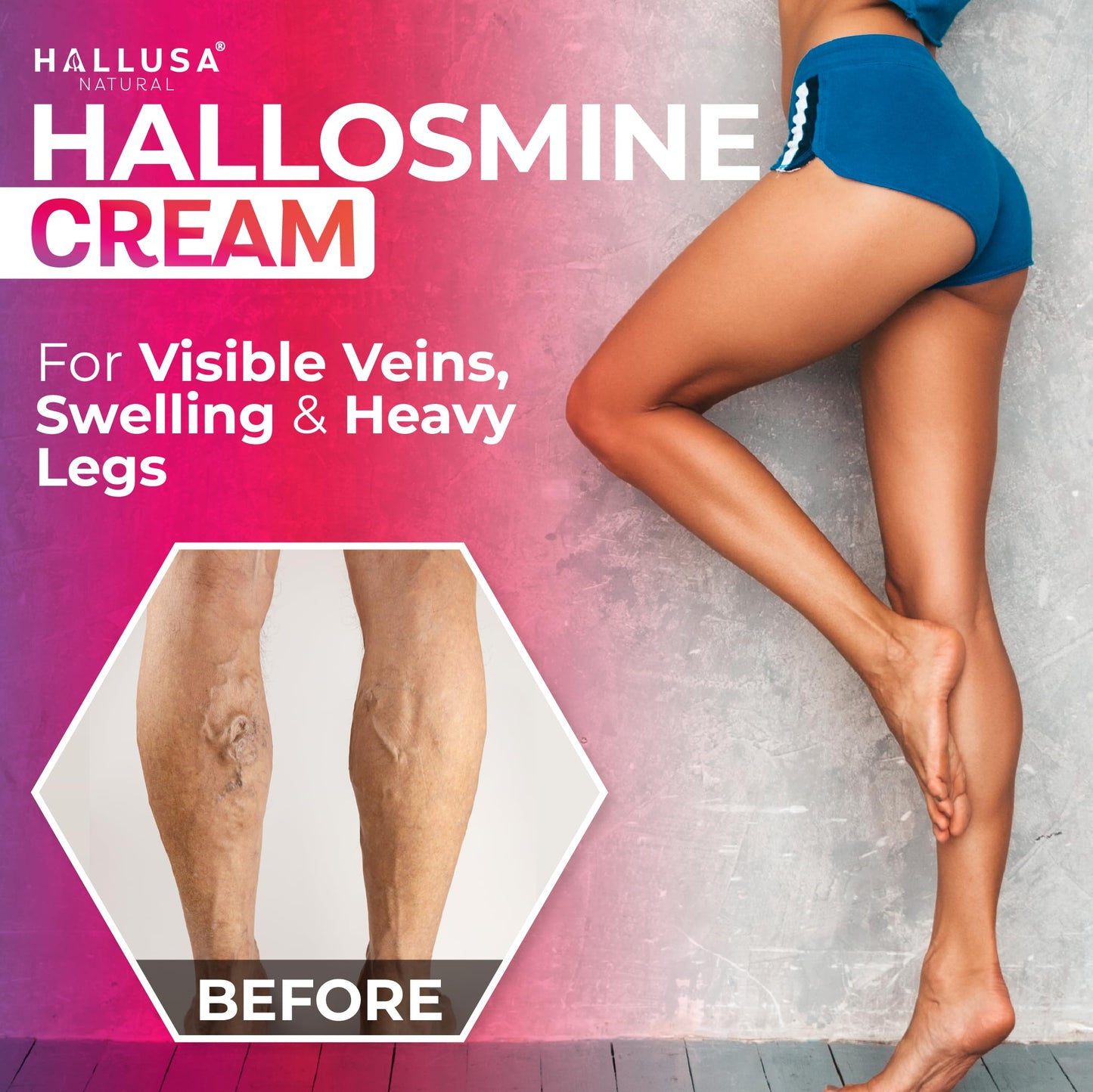 Hallusa Natural Hallosmine Leg Cream with Diosmin, Hesperidin, Horse Chestnut, Menthol & Aloe Vera | Daily Leg Comfort for Visible Veins, Swelling and Heavy Legs, 4oz (112g)