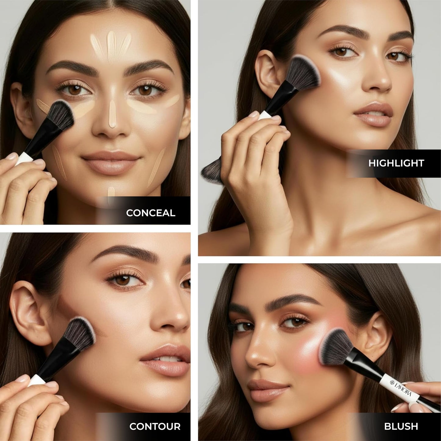 Lamora Liquid Bronzer + Contour Foundation Dual-Ended Makeup Brush - Full Face Duo Makeup Kabuki Brush for Cream or Liquid Blush Concealer Highlighter - Vegan, Cruelty-Free & Synthetic Bristles