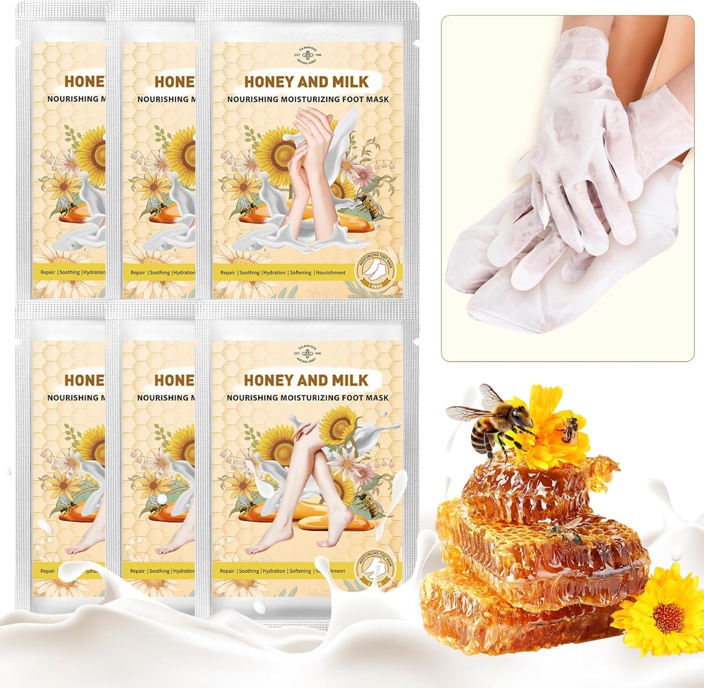 Hydrating Hand and Foot Mask Set - Moisturizing Socks for Dry, Cracked Heels | Honey & Milk, Vitamin E, 3 Pairs Each