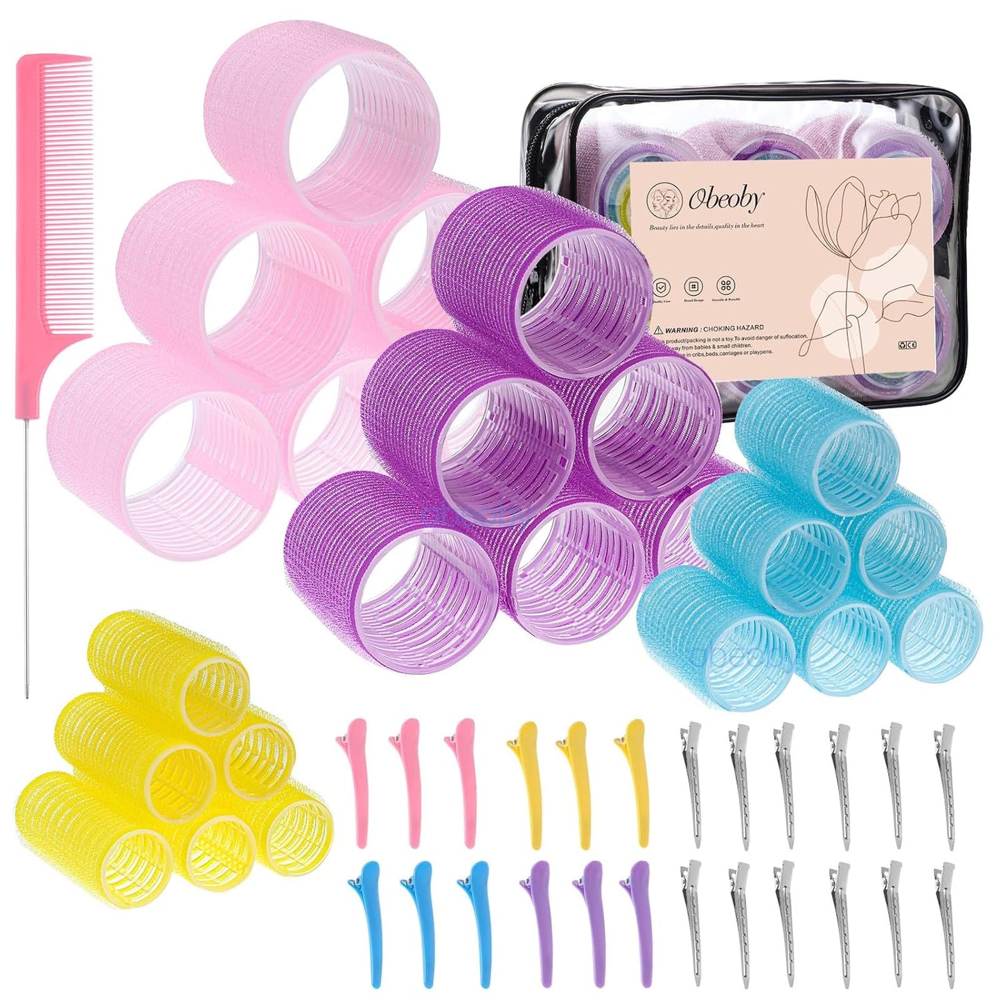 Self-Grip Hair Rollers Set - 50 Pcs Jumbo Curlers for Long & Short Hair | Includes Clips, Black (25mm-60mm)