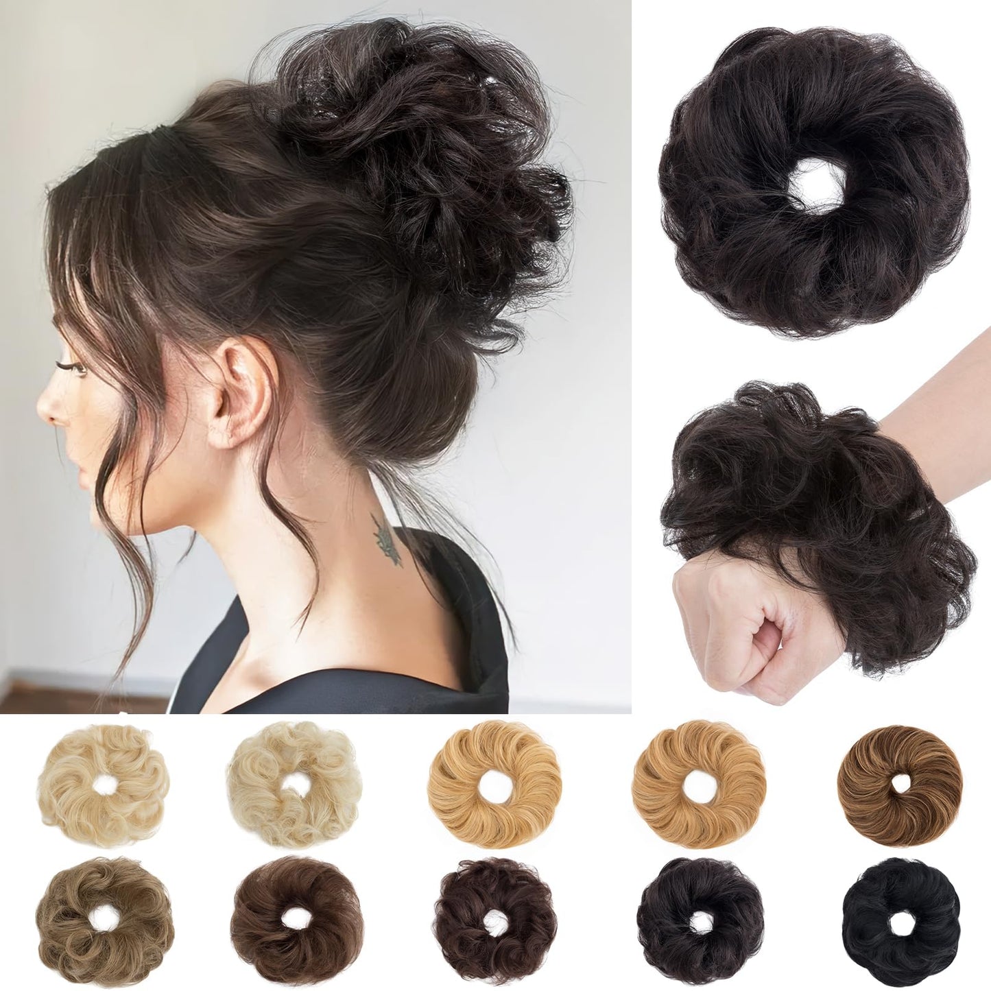SEGO Pro Messy Bun Hair Piece Human Hair Wavy Curly Messy Bun Scrunchie Updo Hairpieces Donut Chignon Ponytail Extensions for Women Girls 1B Natural Black