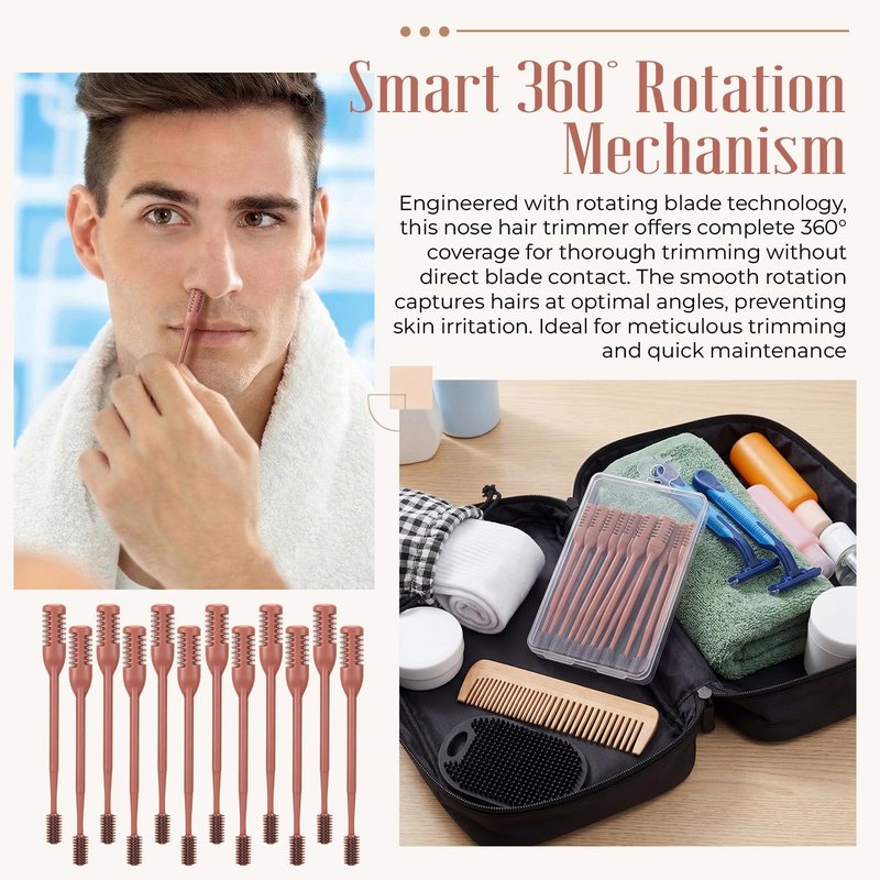Lanties 12 Pcs 2 in 1 Nasal Hair Cutter 2026 Upgrade Design Double Sided Nose Hair Trimmer for Men Women Portable 360° Rotating Manual Nose Nasal Knife Soft Cleaning Brush Box Package (Khaki)