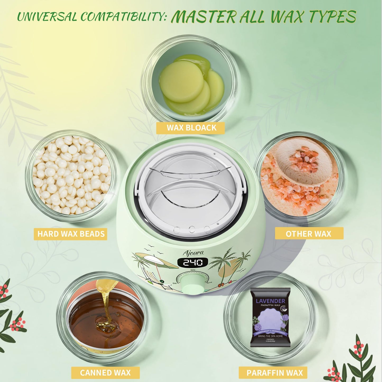Ajoura Home Wax Warmer Kit for Waxing, Brazilian Sensitive Skin Hair Removal ,Women Men, Eyebrows, Bikini, Face, Armpit, Legs