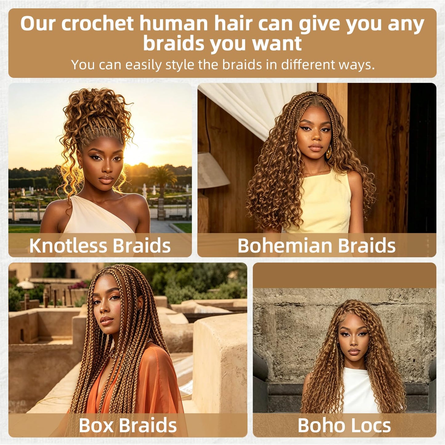 Human Crochet Hair for Black Women 18inch 60g Pre Separated 50 Strands Deep Wave Feather Crochet Human Hair Extensions 30# Light Auburn Invisible Miracle Knots Boho Crochet Bundles