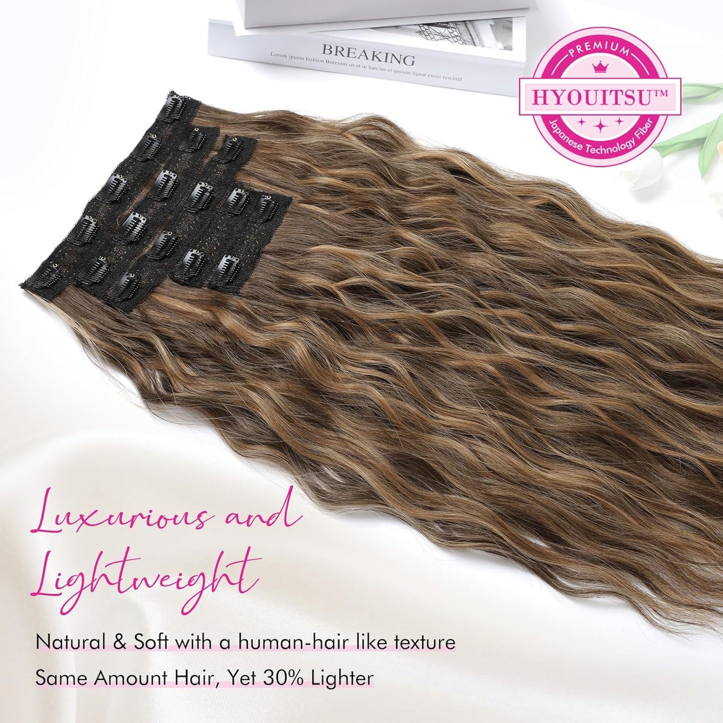 Clip In Hair Extensions - 24" Thick Long Loose Waves | Invisible Lace Weft, Natural Soft Hairpieces - Chocolate Brown with Blonde Highlights