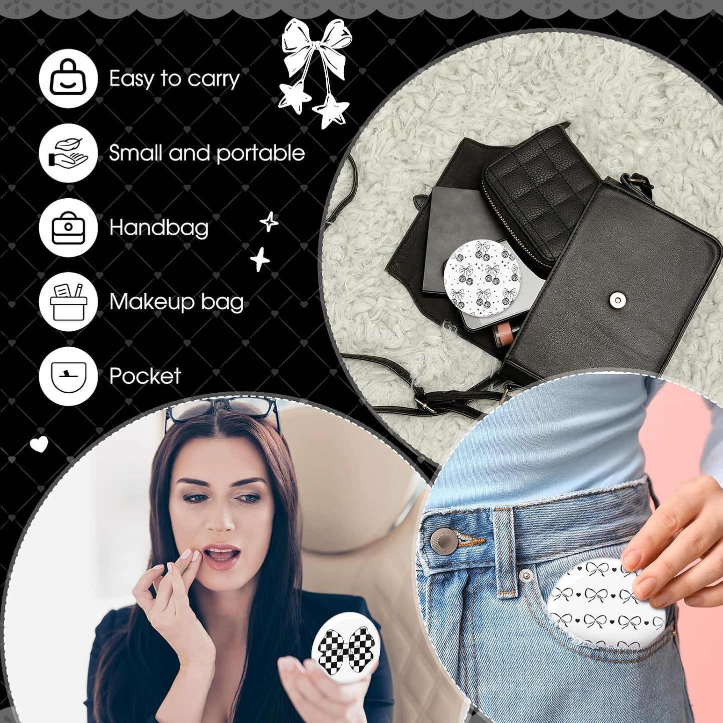 Cinnvoice Mini Compact Mirrors - 12 Pcs Bow Party Favors | Aesthetic Pocket Keepsakes for Women & Girls (Black & White)