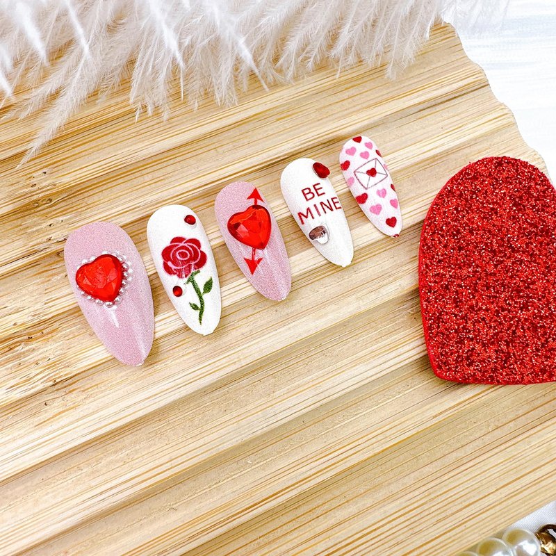 Valentine's Press-On Nails - 24 Pcs Medium Almond Acrylic with 3D Heart Pearl Rhinestones | Cute Rose Design