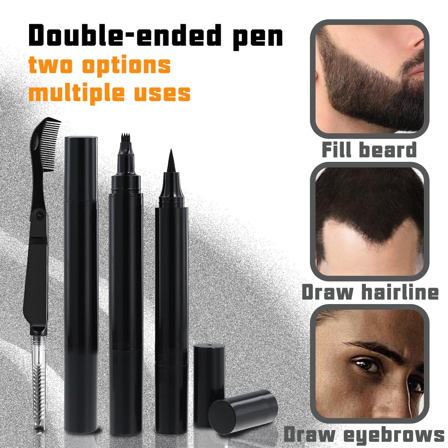 HAIOLORPRO 4PCS Beard Pen Filler and Beard Brush Double Head for Men, Beard Enhancement Barber Pencil Kit Water Proof Long Lasting Coverage, Beard Dye Filler for Eyebrow Hairline Moustache(Black)