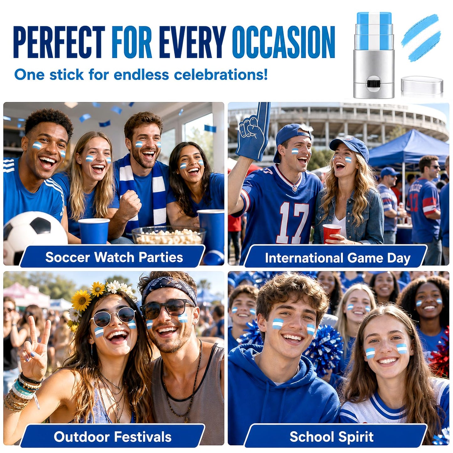 Blue White Blue Face & Body Paint Stick, Sports Eye Black-Style Makeup Stick, Soccer Fan Makeup, Waterproof Sweatproof Cream Paint for Football Baseball Fans, Flag Color Makeup for Watch Parties