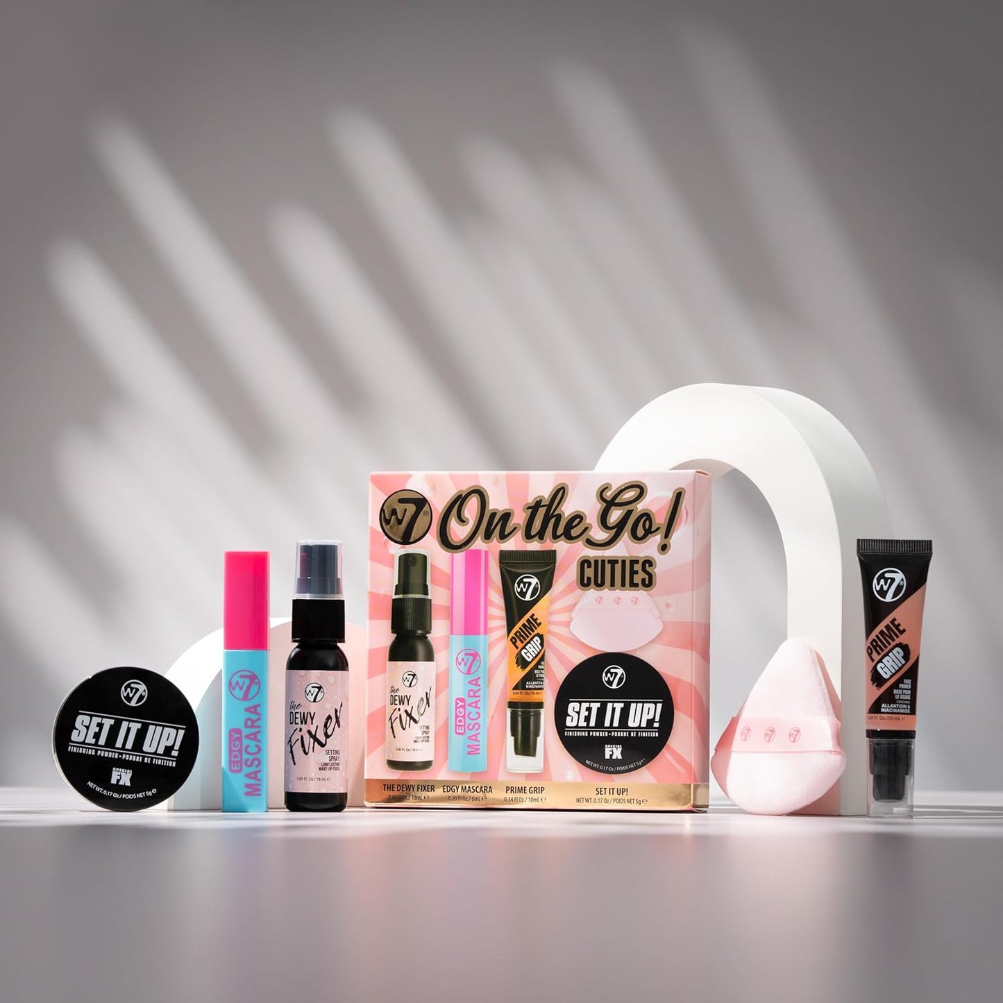 W7 On the Go Cuties Set | Mini Makeup Essentials with Primer, Mascara & Setting Spray - Travel Size Beauty Kit