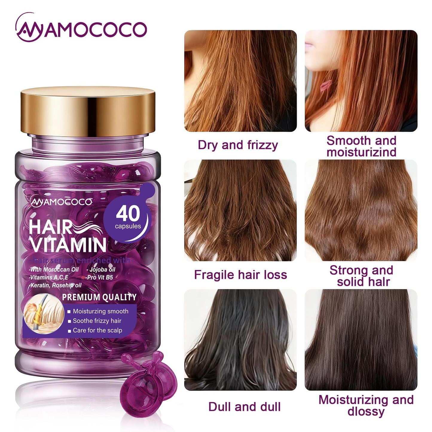 Amococo Hair Oil 40 Capsules with Keratin, Argan Oil & Jojoba Oil, Nourishing & Strengthening Hair for Dry, Damaged Hair, Frizz Control & Softness for Women & Men