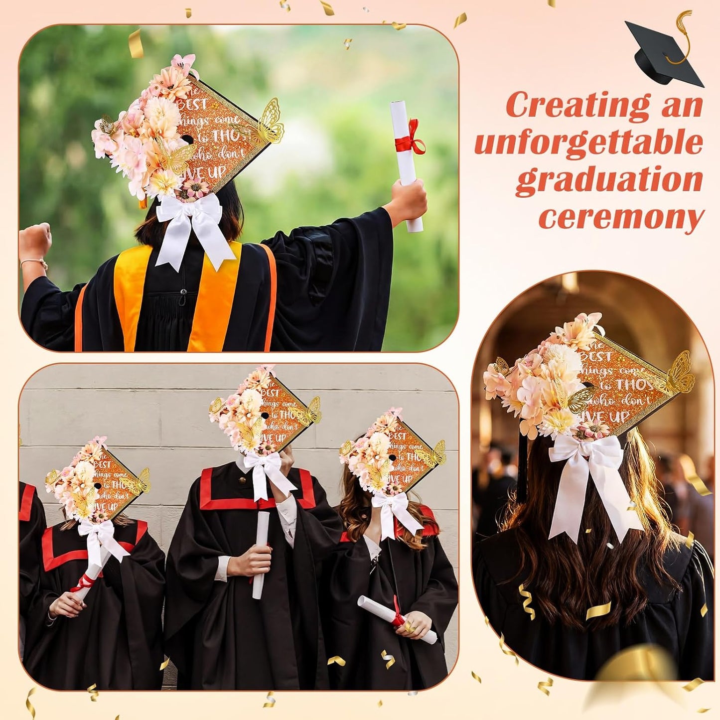 DIY Graduation Cap Decorations Kit - 40 Pcs with Flowers, 3D Butterflies & Rhinestones | Orange