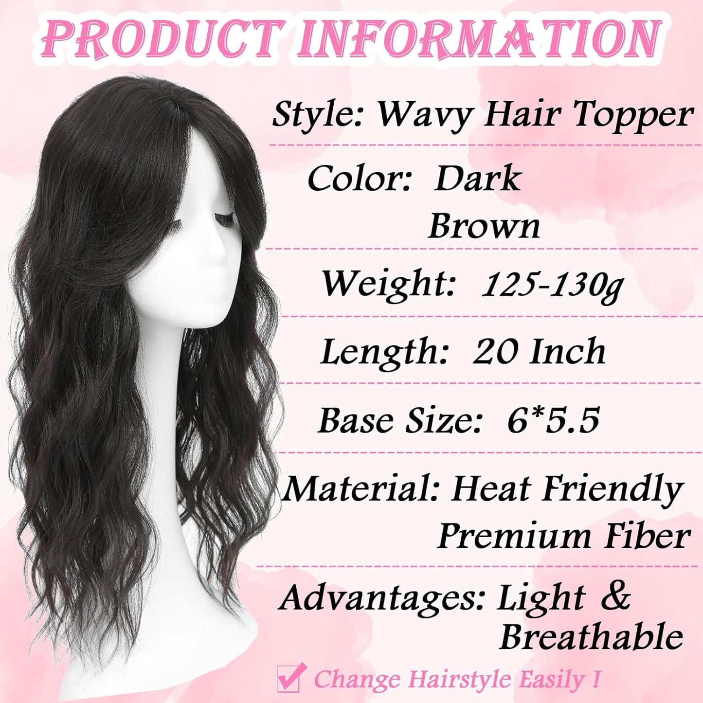 Hair Toppers for Women - 20 Inch Hand-Tied Breathable Clip-In Curly Wiglets | Dark Brown, Lightweight for Thinning Hair