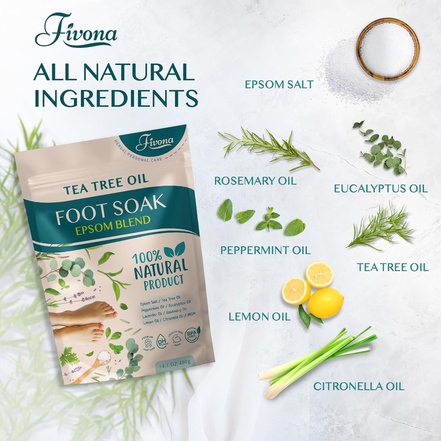 Tea Tree Foot Soak Blend - Epsom Salt with Essential Oils for Healthy Toenails | 14.1 oz, Soothing Relief & Callus Softening