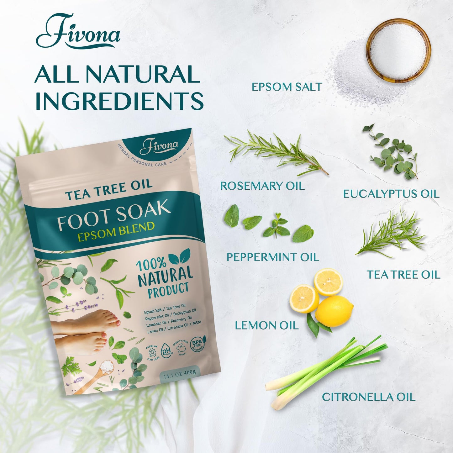 Fivona Tea Tree Foot Soak Blend 14.1 oz - Epsom Salt with Essential Oils for Healthy Toenails, Soothing Relief, Callus Softening - Pedicure Therapy for Soft, Rejuvenated Feet