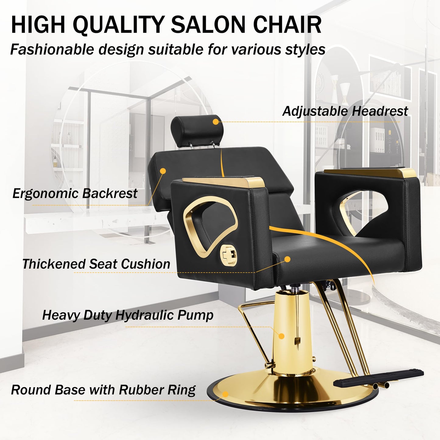 Black Salon Chair for Hair Stylist, Reclining Barber Chair for Barbershop with Hydraulic Pump, 360° Swivel Multi-Function Hair Styling Braiding Chair for Spa Shampoo Tattoo, Max Load Weight 440 Lbs