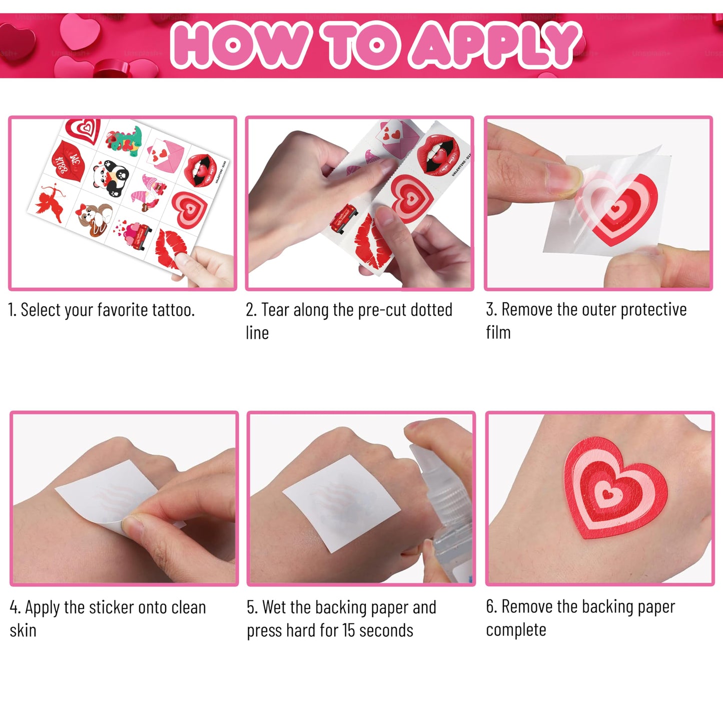 96PCS Valentine’s Day Love Heart Pre-Cut Temporary Tattoos for Kids