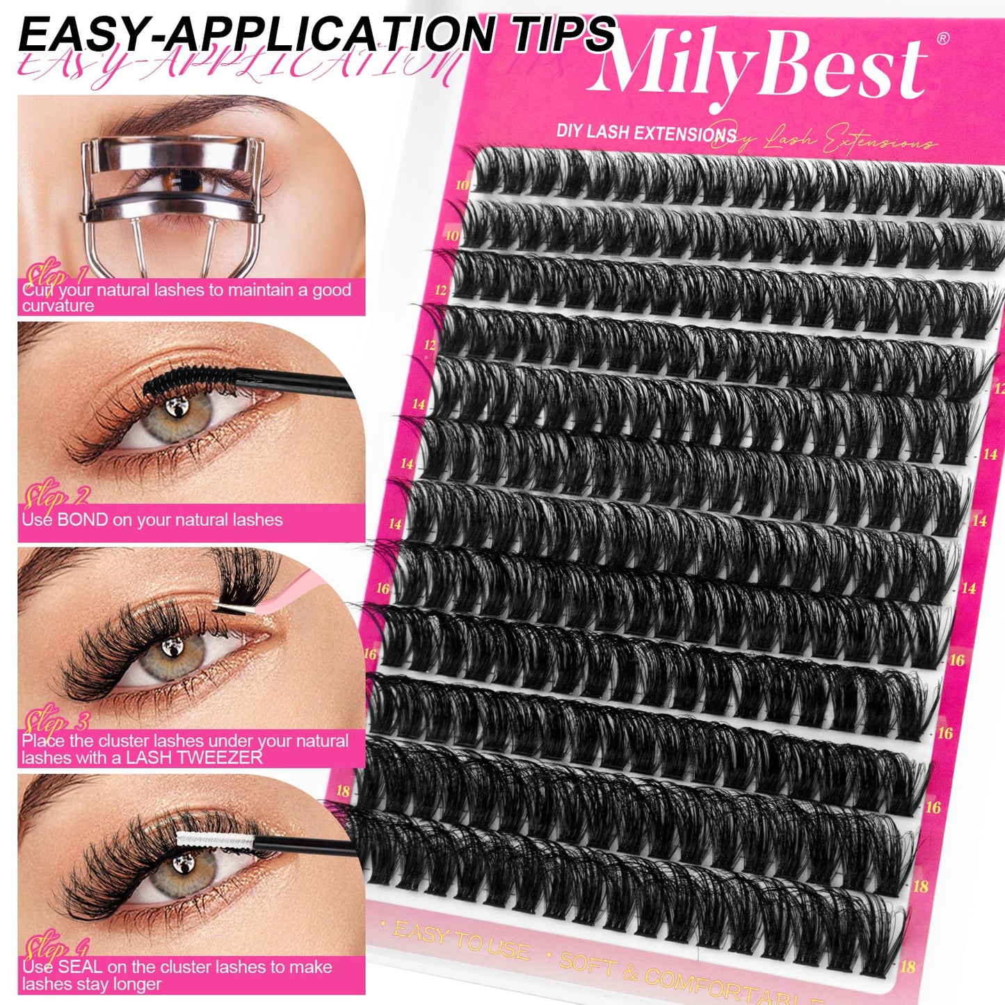 MilyBest Lash Clusters Kit Wispy, 10-18mm Fluffy Volume 80D Individual Eyelash Clusters - Reusable DIY Lash Extension Kit for Beginners, Thick Cluster Eyelash Extensions with Bond and Seal Tweezers