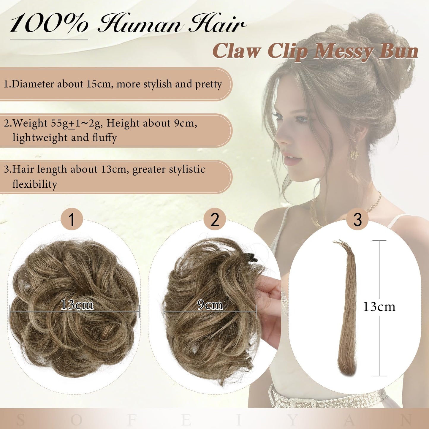 SOFEIYAN Human Hair Bun 100% Real Human Hair Claw Clip Messy Bun Hair Piece Natural Wavy Curly Chignon Hair Bun Extensions Tousled Updo Fake Bun Hair Piece for Women - Light Brown Mixed Light Blonde