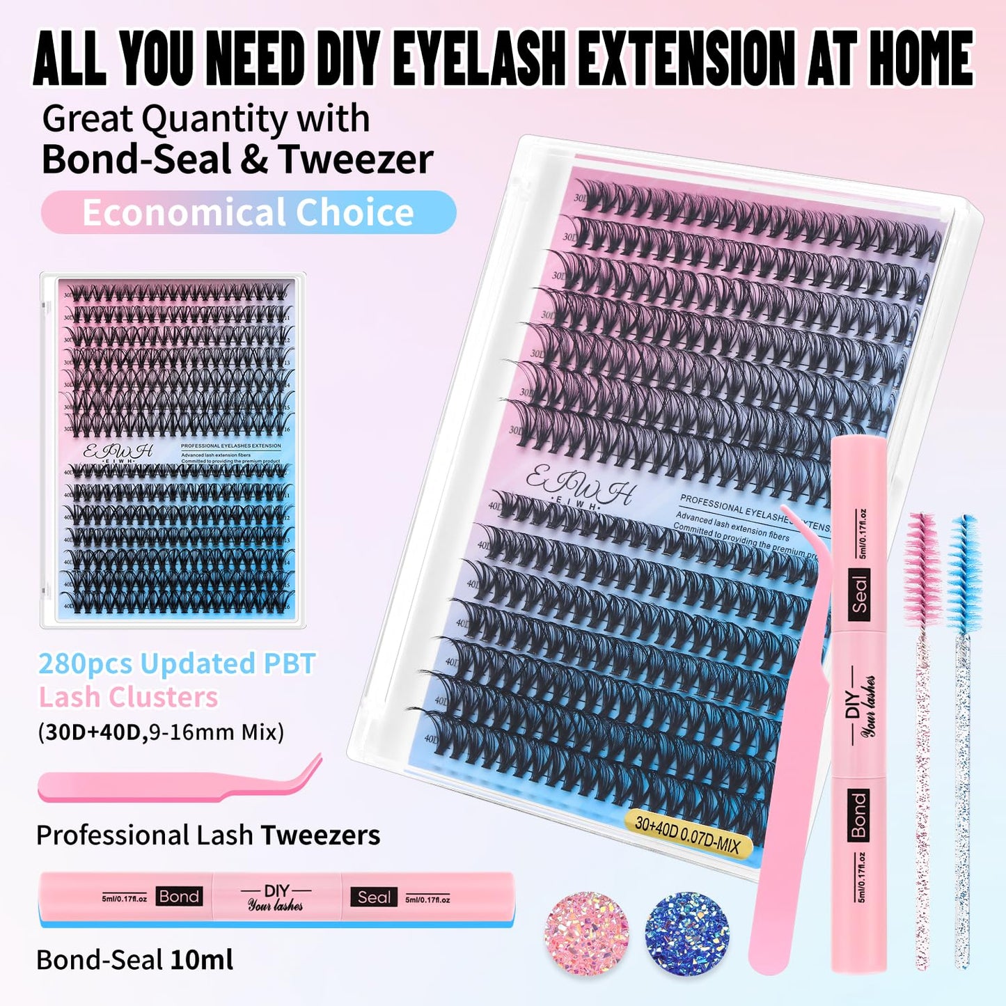 Lash Clusters Kit 280Pcs Individual Cluster Lash Extensions Kit 30D+40D Wispy Eyelash Clusters with Lash Bond and Seal and Tweezers and Nail stickers 8-16mm 2 Styles Mix Lashes Clusters Kit