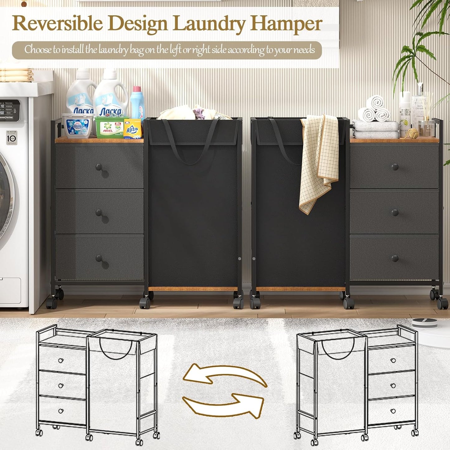 Laundry Hamper with Wheels - 123L Capacity Laundry Sorter with Shelf & 3 Drawers | Detachable Fabric Bags for Bedroom & Bathroom