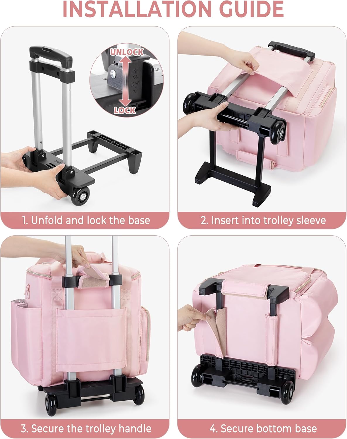 Rolling Hairstylist Travel Bag - Hair Tool Bag with 2 Pouches & Heat Insulation | Pink