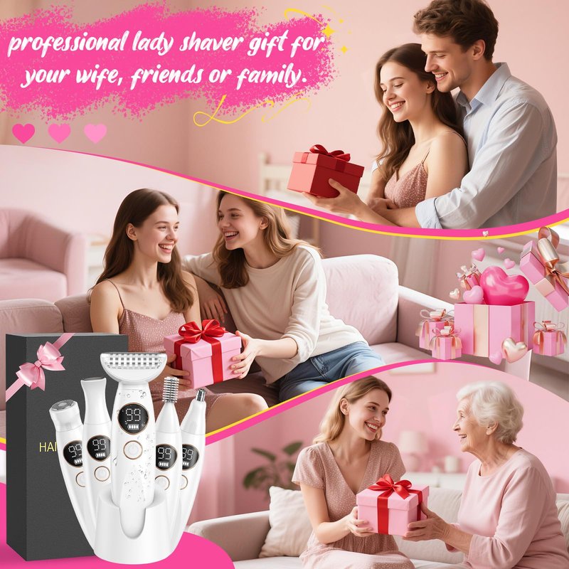 5-in-1 Bikini Trimmer for Women, Lady Electric Razor Shaver Replaceable- Waterproof Facial & Pubic Hair Trimmer with USB Charge Dock, Travel Cordless Body Shaver for Face/Legs/Underarm