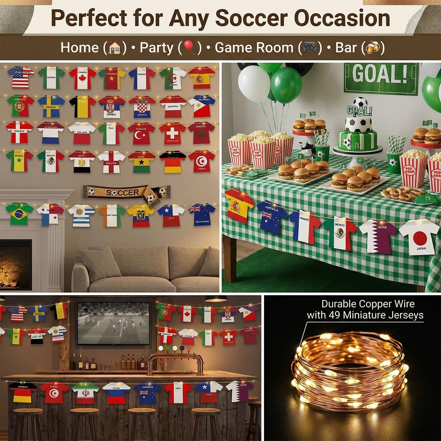 2026 World Cup Decorations with LED String Lights, 49 Countries Soccer Jersey Flag Banner Garland, Lighted Soccer Party Decorations for Watch Party, Bar, Home, Game Room, Sports Fan Decor