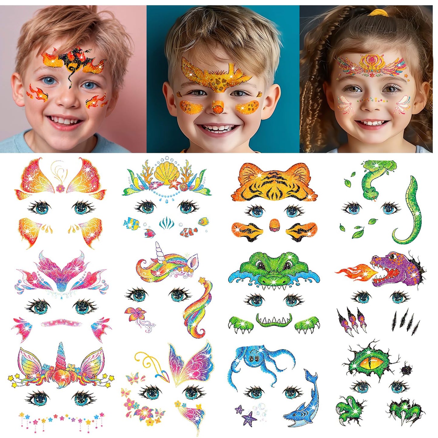 Glitter Face Tattoos for Kids - 24 Sheets of Fun Party & Birthday Designs | Perfect for Goodie Bags & Prizes