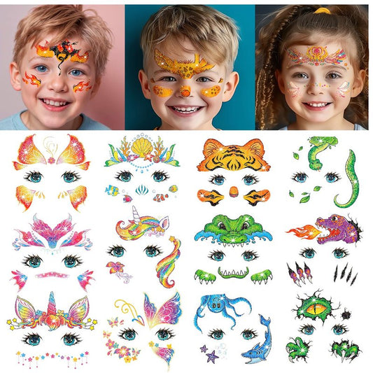 Glitter Face Tattoos for Kids - 24 Sheets of Fun Party & Birthday Designs | Perfect for Goodie Bags & Prizes