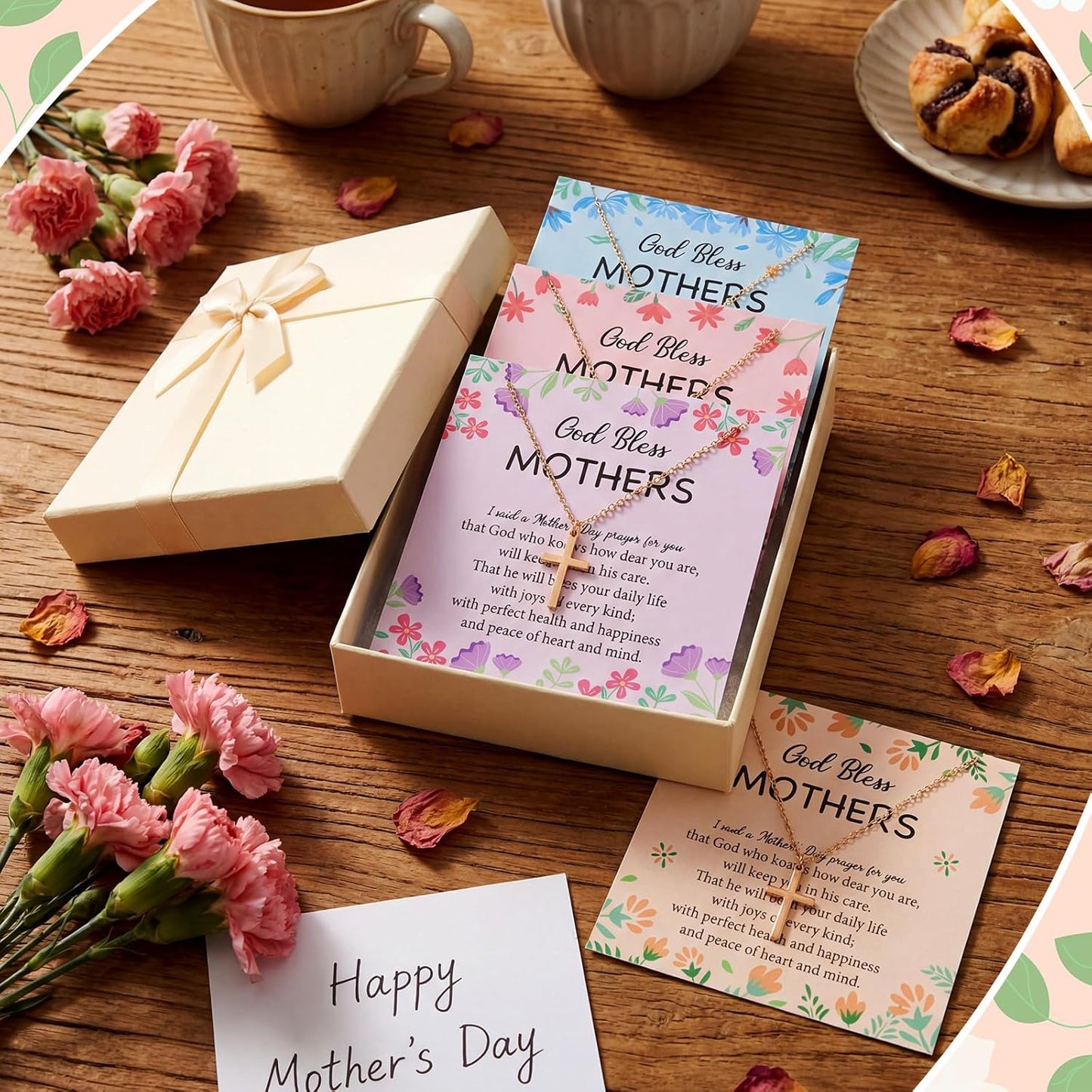 Tondiamo 20 Pcs Mother Cross Necklaces - Adjustable Christian Gifts with Flower Cards for Moms | Ideal Church Gifts