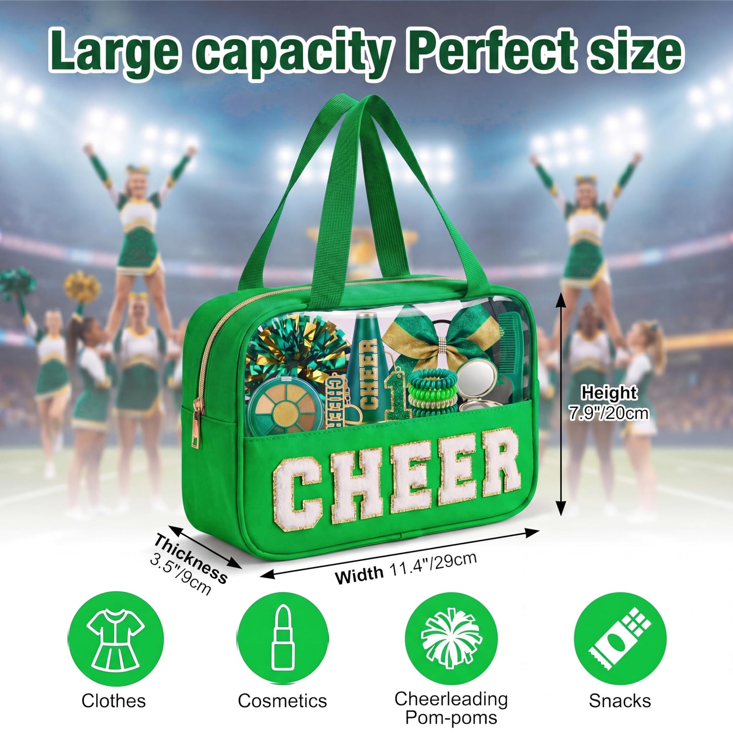 KYTACCU Cheer Makeup Bag Cheerleader Gifts Cheer Chenille Letter Cosmetic Bag Cheerleading Competition Accessories Clear Travel Toiletry Pouch for Girls Women-Green