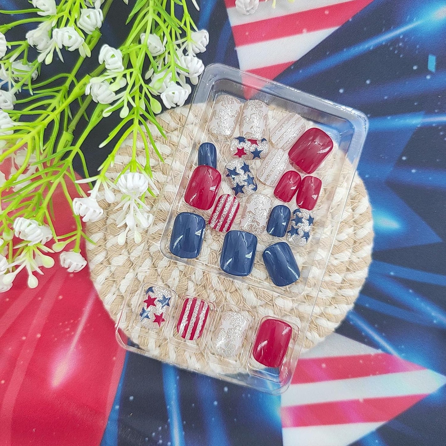 Press On Nails - Short Square Red, White & Blue Acrylic Nails with Glitter Stars | 4th of July Designs, 24 Pcs