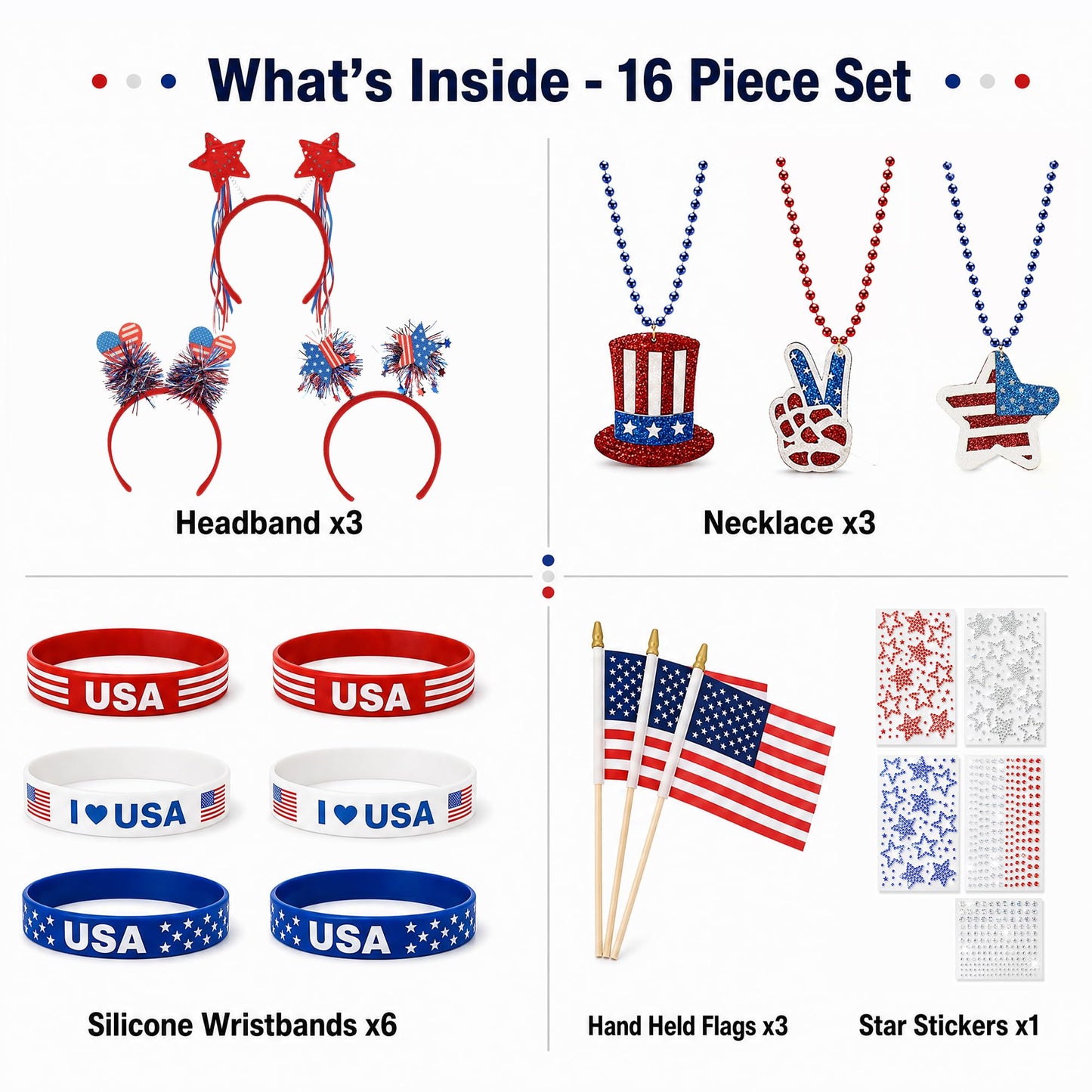 VOCOSTE 16Pcs Red White and Blue Accessories, 4th of July Accessories for Family Groups Memorial Day Party Favors Supplies, Include Patriotic Headband Necklaces Wristband USA Flag Star Face Gems
