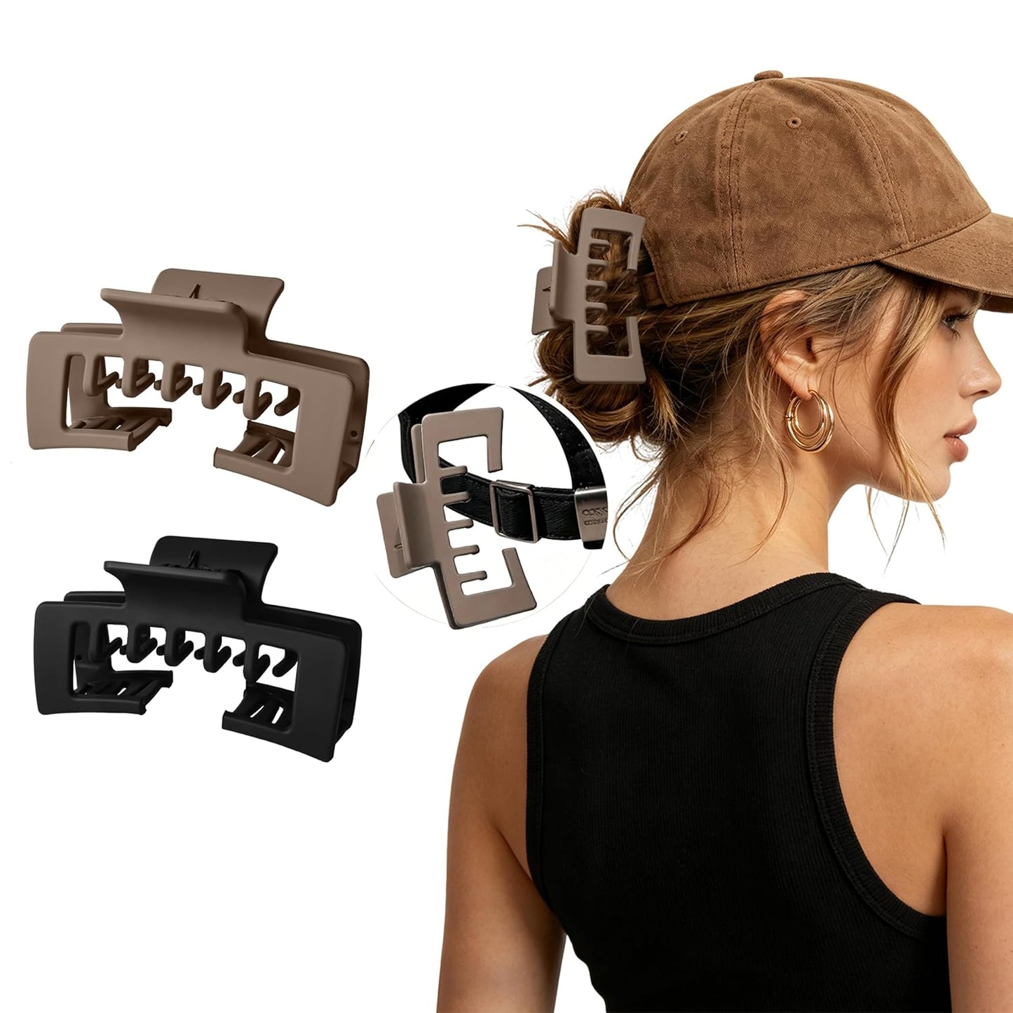Baseball Cap Claw Clips - 2 Pcs Large Non-Slip Hair Clips for Women | Ideal for Thick & Fine Hair (Black & Brown)