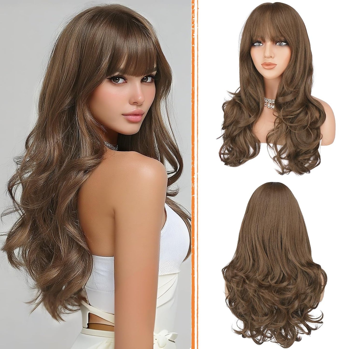 Blonde Wigs with Bangs - Long Wavy Layered Synthetic Hair Wig | Natural-Looking, Heat Resistant, 24 Inch for Daily Wear & Parties
