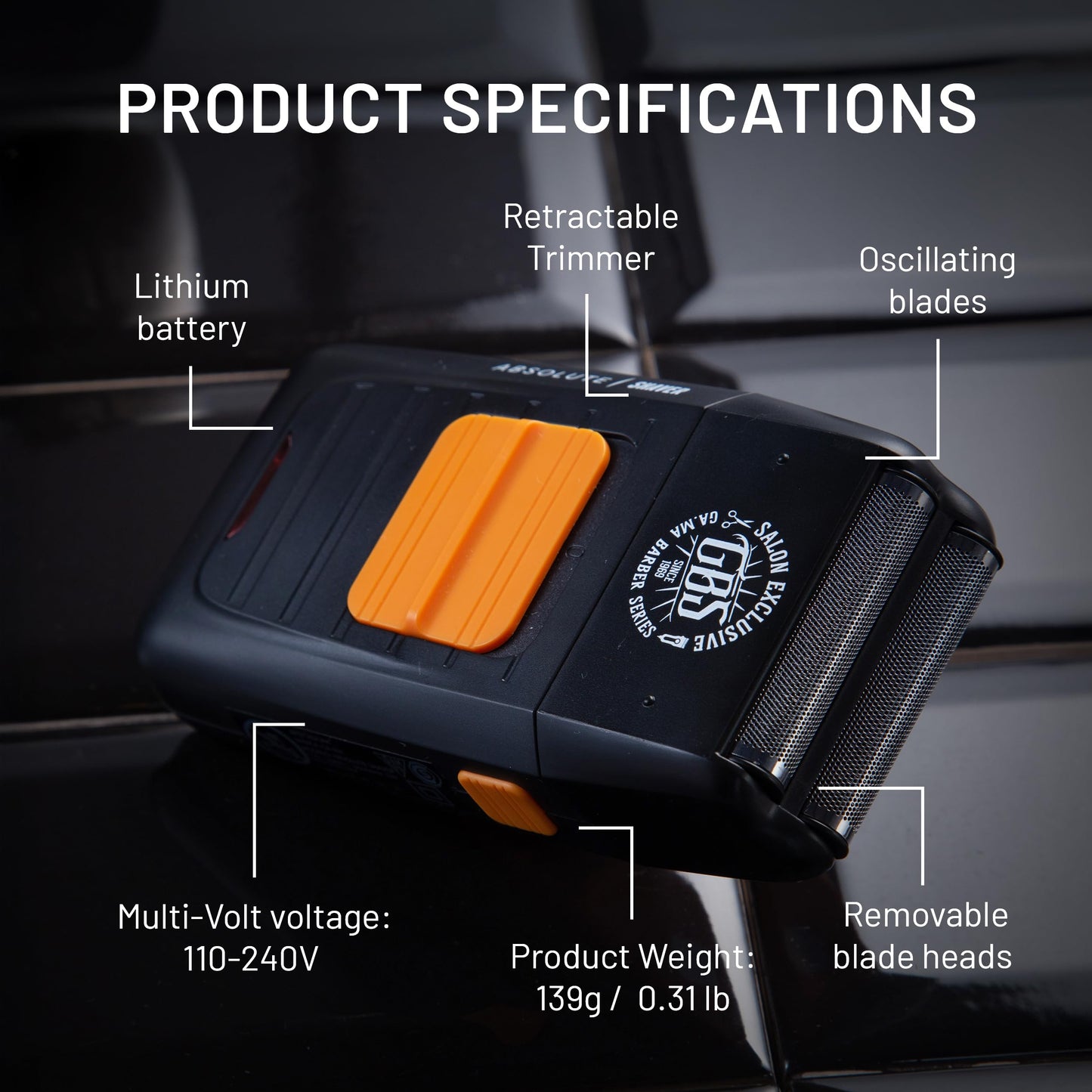 GA.MA GBS Absolute Shaver, Corded & Cordless Professional Grooming Tool with Retractable Detail Trimmer, Dual Oscillating Blades, 90 Min Runtime