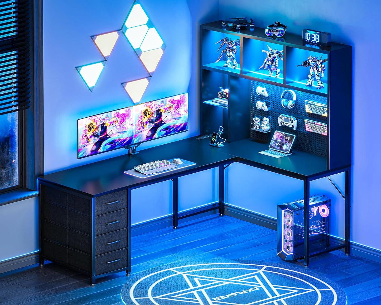 L Shaped Gaming Desk with Hutch - 63" PC Desk with LED Light & Power Outlets | Black