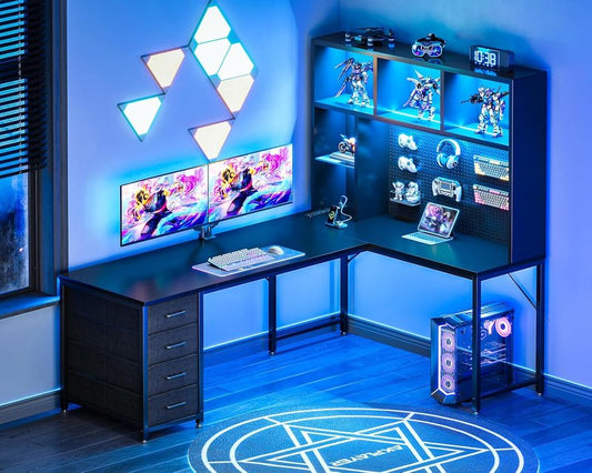 L Shaped Gaming Desk with Hutch - 63" PC Desk with LED Light & Power Outlets | Black