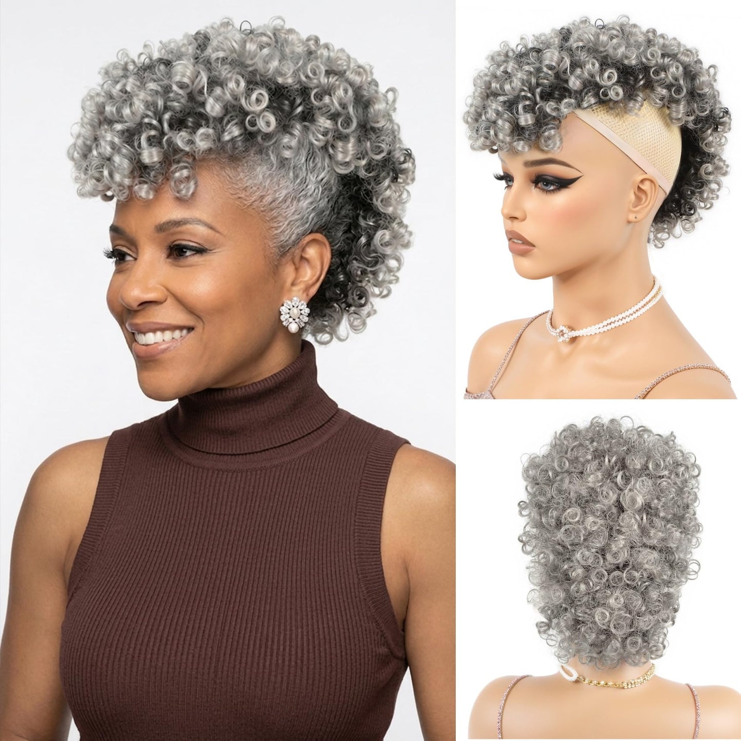 Rafabcici Gray Mohawk Wig for Black Women – Short Kinky Curly Afro Puff Wig, Synthetic Fluffy Ponytail Hairpiece with Adjustable Straps for Daily Wear, Party, Cosplay(T1B/Gray,Salt and Pepper)