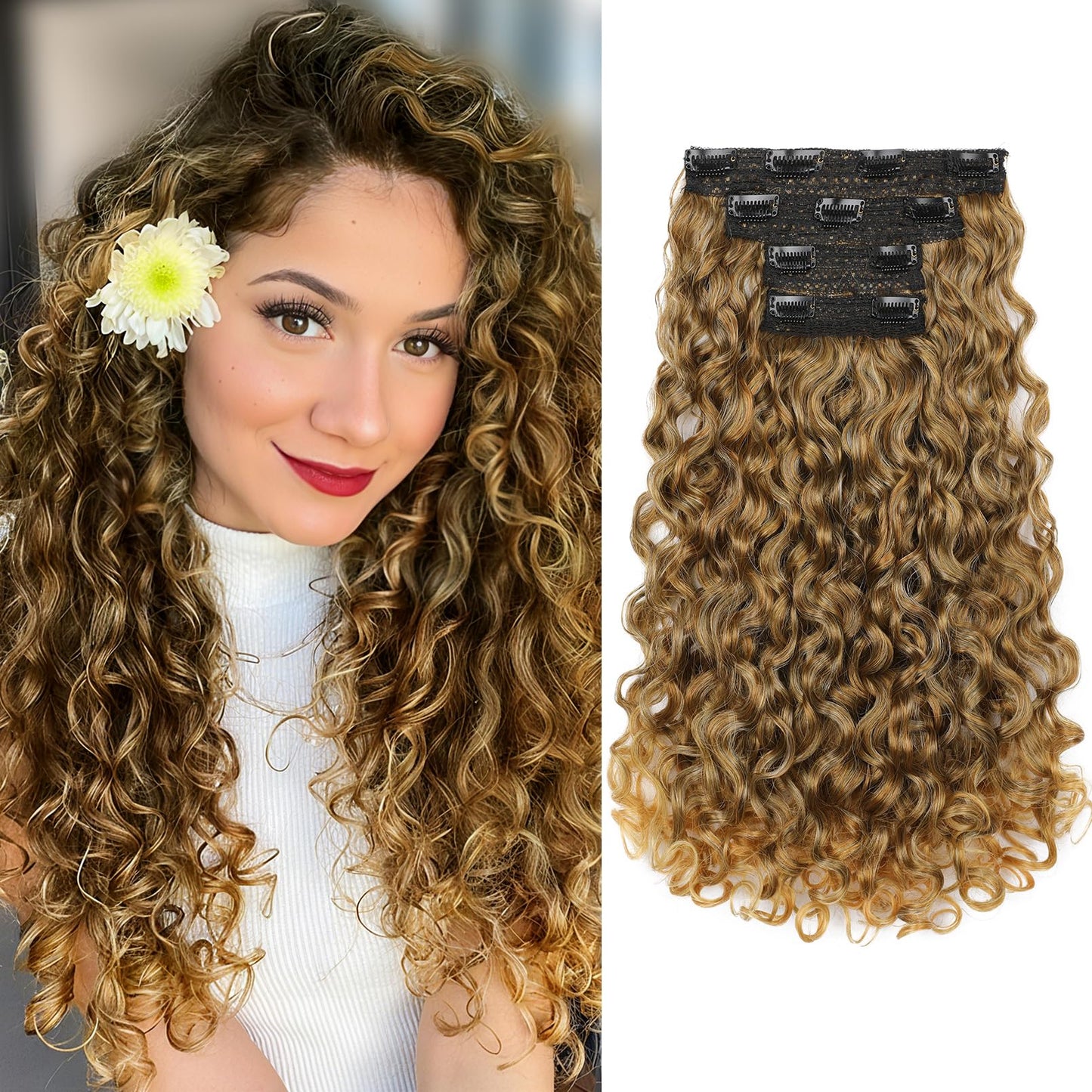 REECHO Clip in Hair Extensions - 4PCS 18" GoGo Curly Hair Extensions 100% Super Protein Hairpieces with Invisible Lace Weft Silky Soft Natural Look for Women - Mocha Foil with Lighter Ends