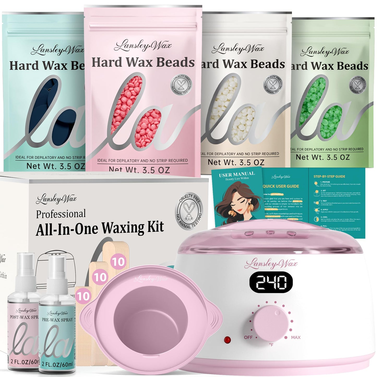 LANSLEYWAX Digital Waxing Kit for Women Men - Pink Wax Machine with 39 Accessories - Hard Wax Kit for Face Eyebrow Lip Brazilian Bikini Sensitive Skin, Waxing Warmer Hair Removal for Home/Salon Use