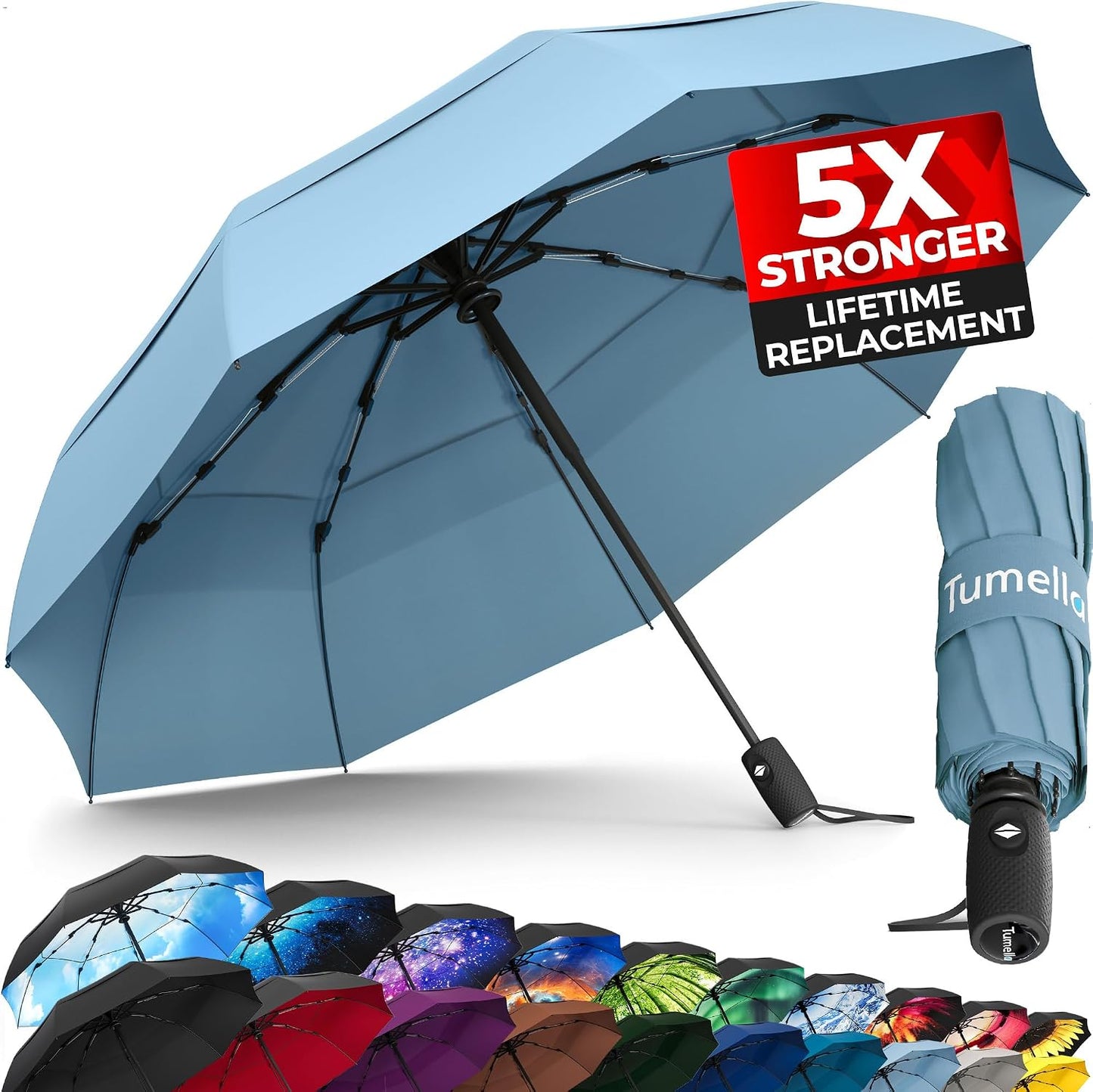Strongest Windproof Travel Umbrella - Compact, 100MPH Tested | Lightweight, Automatic Folding, One-Handed Use