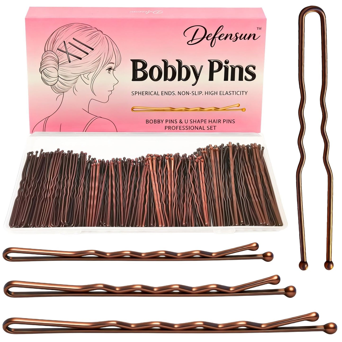 DEFENSUN 200 Pcs Brown Thick Bobby Pins Set - 4 Style Mix (2.2" 2.36" 2.75" Bobby Pins & 2.36" U-Shape) - 50pcs Each - Premium Reusable Hair Accessories with Storage Box
