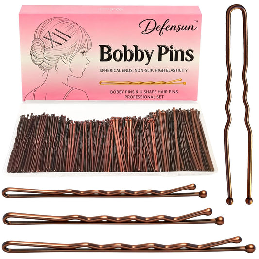 DEFENSUN 200 Pcs Brown Thick Bobby Pins Set - 4 Style Mix (2.2" 2.36" 2.75" Bobby Pins & 2.36" U-Shape) - 50pcs Each - Premium Reusable Hair Accessories with Storage Box