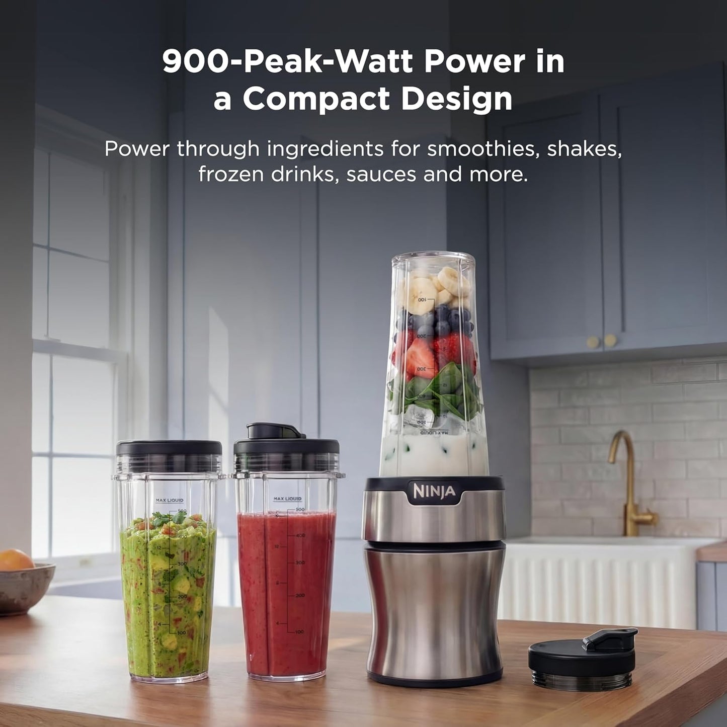 Ninja Nutri-Plus Personal Blender - Compact 900W Blender for Smoothies & Frozen Drinks | 3 To-Go Cups & Lids | Silver
